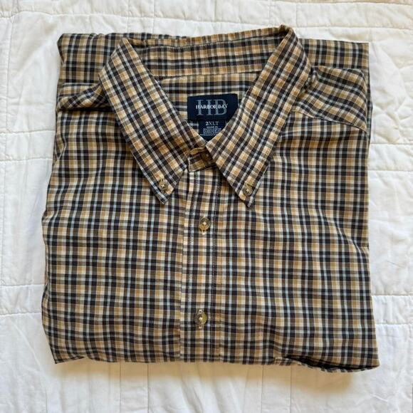 Harbor Bay 2XLT Tan brown plaid button up shirt collared relaxed cotton y2k - Picture 1 of 8